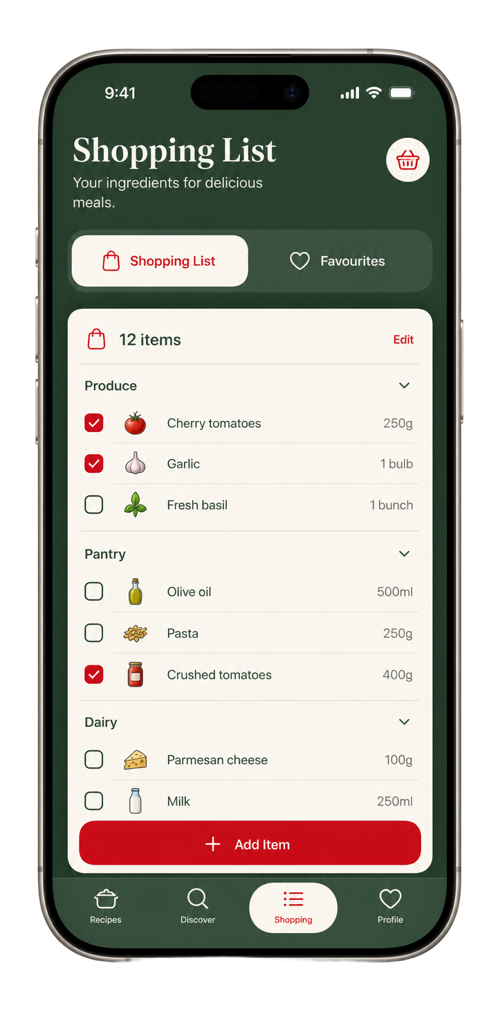 Shopping list and favourites screen